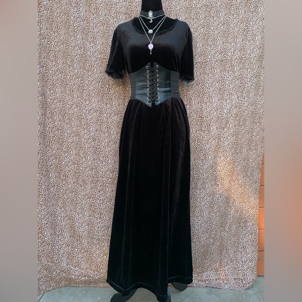 Black Velvet Maxi Dress with Corset Belt